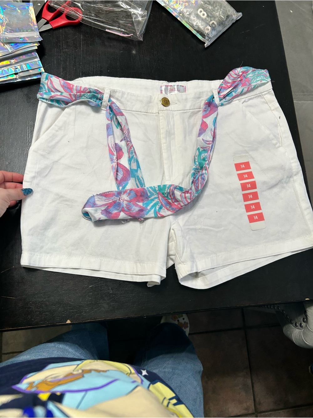 White Women's Shorts with Floral Tie Belt